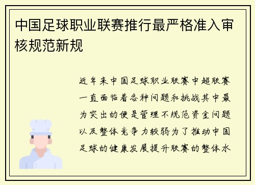 中国足球职业联赛推行最严格准入审核规范新规 中国足球职业联赛推行最严格准入审核规范新规