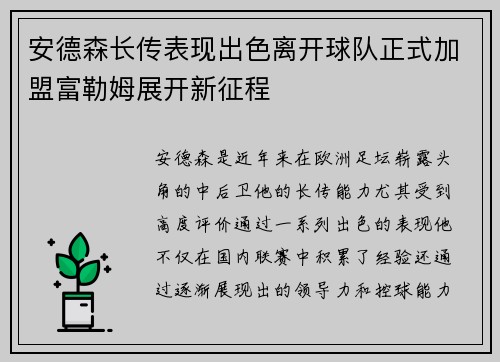 安德森长传表现出色离开球队正式加盟富勒姆展开新征程 安德森长传表现出色离开球队正式加盟富勒姆展开新征程