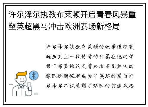 许尔泽尔执教布莱顿开启青春风暴重塑英超黑马冲击欧洲赛场新格局